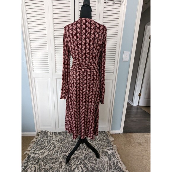 Max & Cleo Dress Womens sz M Pink Brown Leaf Print Faux Wrap Stretch Fit Flare - Picture 6 of 11